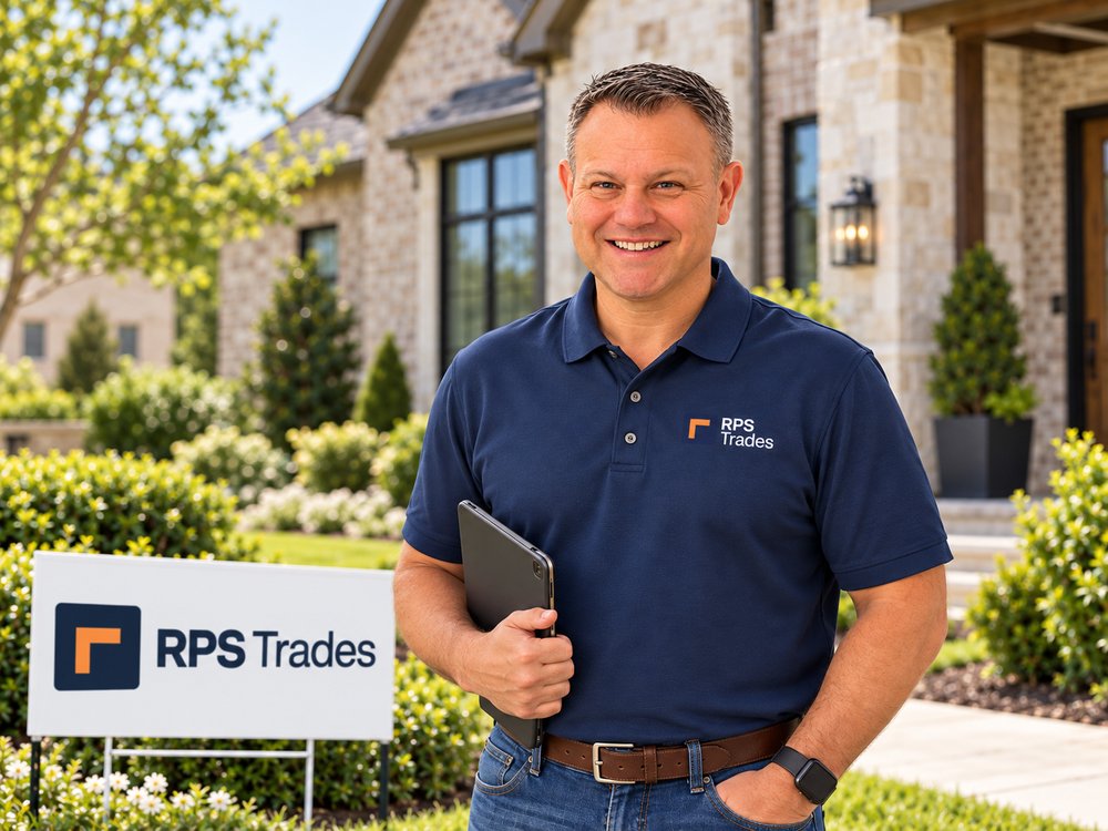 Jeremy Reed, founder of RPS Trades, in front of a Dallas–Fort Worth home